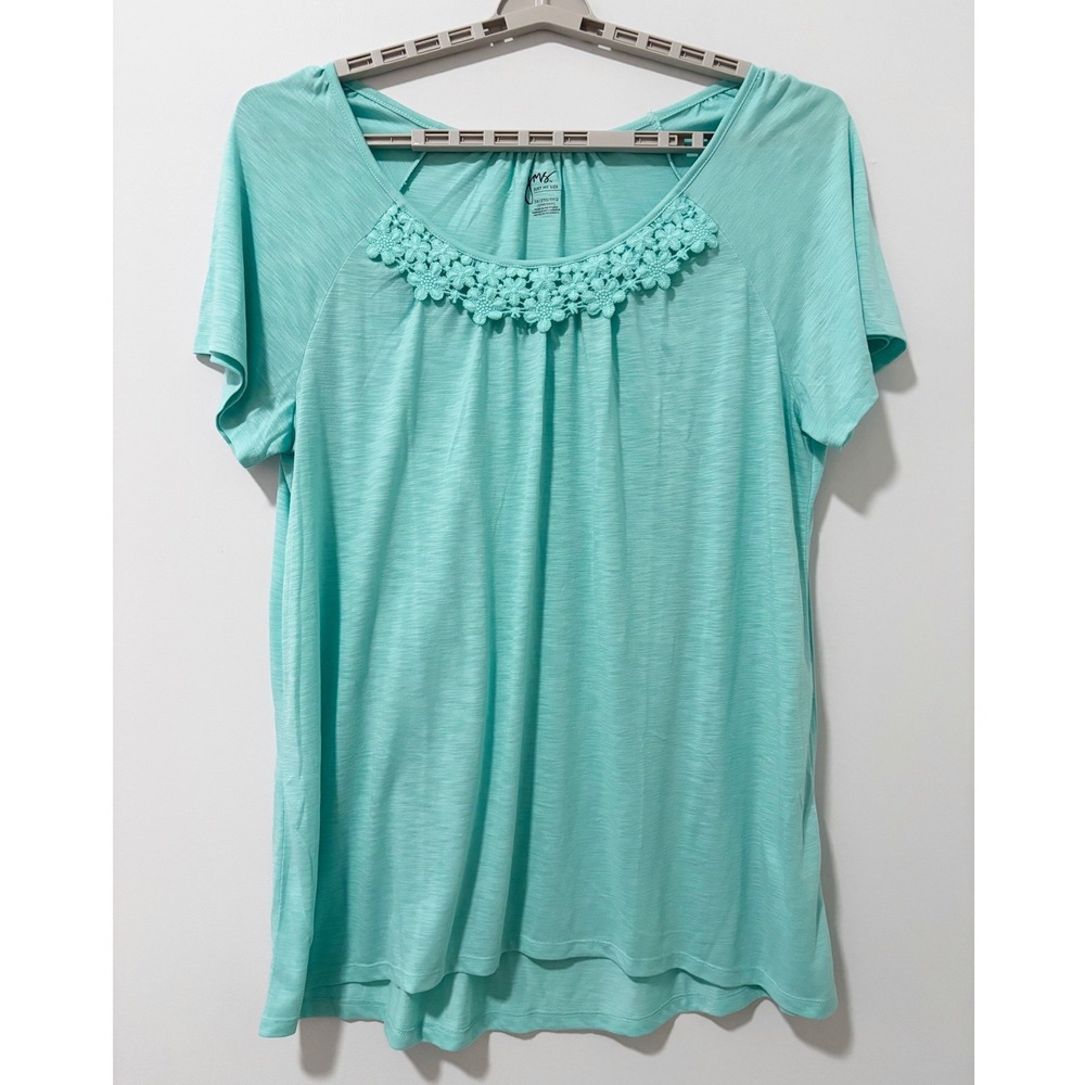 Just My Size Top Women 3X Aqua Blue Floral Crochet Lace Scoop Neck Short Sleeve